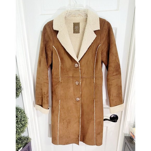 Old Navy Womens Brown Faux Suede Sherpa Lined Trench Coat Jacket Size Medium - Picture 2 of 14
